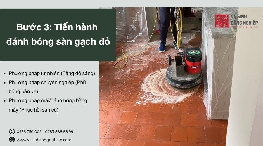 tiến hành đánh bóng sàn gạch đỏ