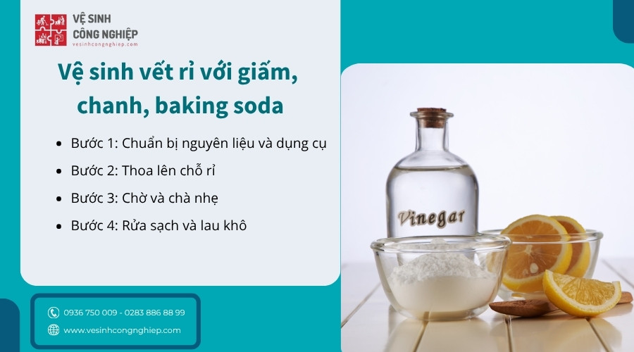 vệ sinh vết rỉ với giấm, chanh, baking soda